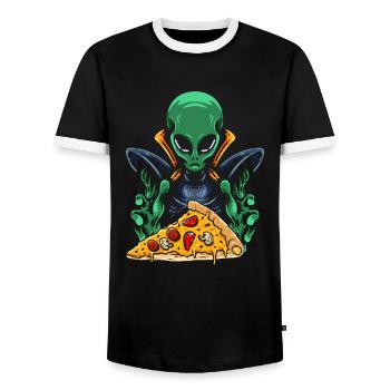 Alien Pizza - Men's Ringer Shirt - black/white - Front - AI Model Female 172 light (172cm) & AI Model Male 178 light (178cm)