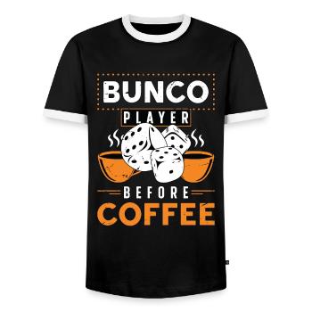 Bunco Player Before Coffee Game Night Coffee Lover - Men's Ringer Shirt - black/white - Front - AI Model Female 172 light (172cm) & AI Model Male 178 light (178cm)