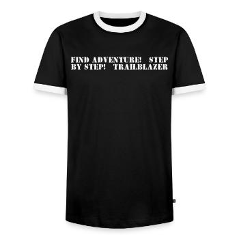 Hiking - Find adventure, step by step, - Men's Ringer Shirt - black/white - Front - AI Model Female 172 light (172cm) & AI Model Male 178 light (178cm)
