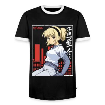 Cute Cyber City Anime Girl - Men's Ringer Shirt - black/white - Front - AI Model Female 172 light (172cm) & AI Model Male 178 light (178cm)