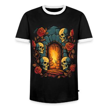 L’amour du donjon sombre : Crânes et roses - T-shirt contrasté Homme - noir/blanc - Devant - AI Model Female 172 light (172cm) & AI Model Male 178 light (178cm)