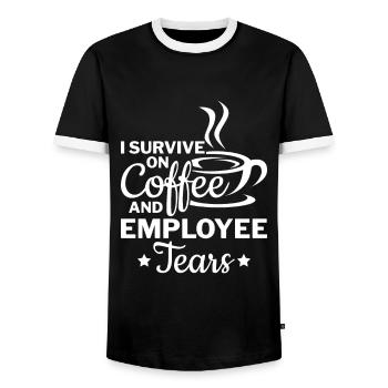 I survive on Coffee & Employee Tears - HR Human - Männer Kontrast-T-Shirt - Schwarz/Weiß - Vorne - AI Model Female 172 light (172cm) & AI Model Male 178 light (178cm)