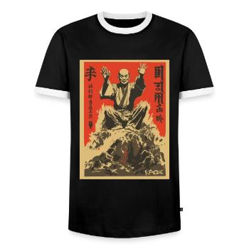 Parody Japanese Action Movie Poster: Shaolin Zen - Men's Ringer Shirt - black/white - Front - AI Model Female 172 light (172cm) & AI Model Male 178 light (178cm)