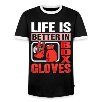 Life is better in Box Gloves - Men's Ringer Shirt - black/white - Front - AI Model Female 172 light (172cm) & AI Model Male 178 light (178cm)