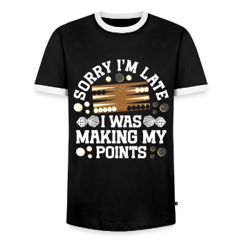 Board Game Funny Backgammon - Men's Ringer Shirt - black/white - Front - AI Model Female 172 light (172cm) & AI Model Male 178 light (178cm)