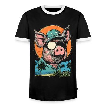 Cochon de vacances d'été plage palmiers - T-shirt contrasté Homme - noir/blanc - Devant - AI Model Female 172 light (172cm) & AI Model Male 178 light (178cm)