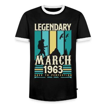March 1963 Birthday, March 1963 Vintage Gift. - Men's Ringer Shirt - black/white - Front - AI Model Female 172 light (172cm) & AI Model Male 178 light (178cm)