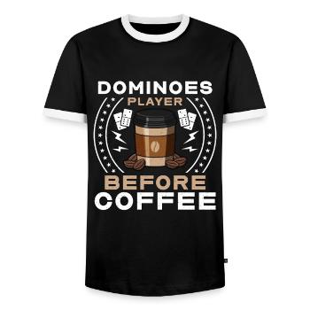 Dominoes Player Before Domino Game Coffee Lover - Men's Ringer Shirt - black/white - Front - AI Model Female 172 light (172cm) & AI Model Male 178 light (178cm)