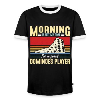 Dominoes Player Morning Is Not My Time Domino Game - Men's Ringer Shirt - black/white - Front - AI Model Female 172 light (172cm) & AI Model Male 178 light (178cm)