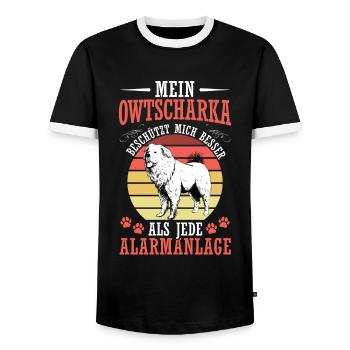 Ovcharka protects me Caucasian Ovcharka - Men's Ringer Shirt - black/white - Front - AI Model Female 172 light (172cm) & AI Model Male 178 light (178cm)