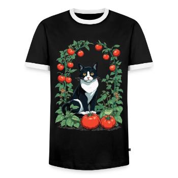 Chat de jardin Chats domestiques Propriétaire Chats Dame - T-shirt contrasté Homme - noir/blanc - Devant - AI Model Female 172 light (172cm) & AI Model Male 178 light (178cm)