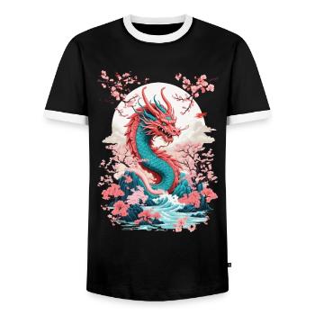 Japanese Dragon Aesthetic Streetwear Design - Men's Ringer Shirt - black/white - Front - AI Model Female 172 light (172cm) & AI Model Male 178 light (178cm)
