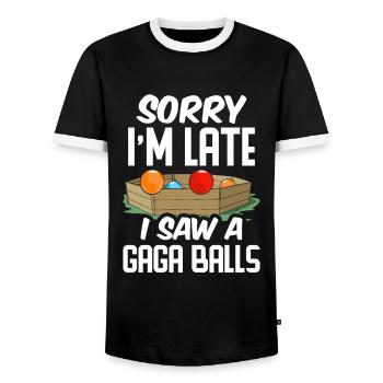 Dodgeball Hexagon Pit Sports Gaga Ball - Men's Ringer Shirt - black/white - Front - AI Model Female 172 light (172cm) & AI Model Male 178 light (178cm)