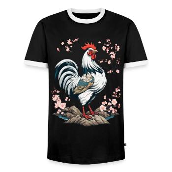 Japanese Rooster Cherry Blossoms Aesthetic Design - Men's Ringer Shirt - black/white - Front - AI Model Female 172 light (172cm) & AI Model Male 178 light (178cm)