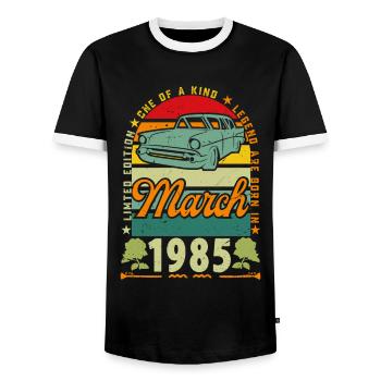 March 1985, March 1985, March 1985. - Men's Ringer Shirt - black/white - Front - AI Model Female 172 light (172cm) & AI Model Male 178 light (178cm)