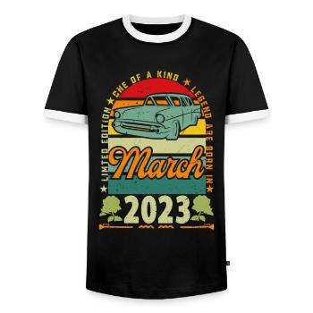 anniversaire mars 2023, Mars 2023, March 2023. - T-shirt contrasté Homme - noir/blanc - Devant - AI Model Female 172 light (172cm) & AI Model Male 178 light (178cm)