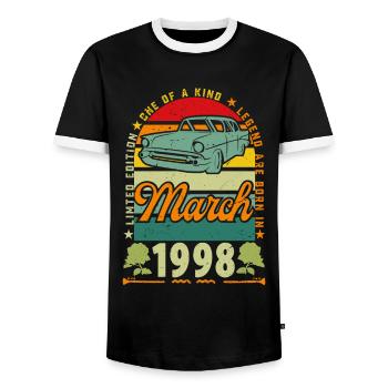 March 1998, March 1998, March 1998. - Men's Ringer Shirt - black/white - Front - AI Model Female 172 light (172cm) & AI Model Male 178 light (178cm)