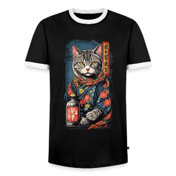 Cat in Japanese Sake Poster Vintage Art - Men's Ringer Shirt - black/white - Front - AI Model Female 172 light (172cm) & AI Model Male 178 light (178cm)
