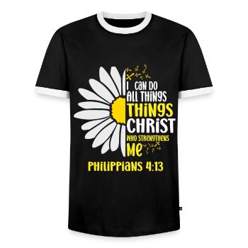 I Can Do All Things Through Christ Daisy Flower - Men's Ringer Shirt - black/white - Front - AI Model Female 172 light (172cm) & AI Model Male 178 light (178cm)