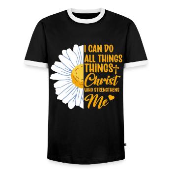 I Can Do All Things Through Christ Daisy Flower - Men's Ringer Shirt - black/white - Front - AI Model Female 172 light (172cm) & AI Model Male 178 light (178cm)