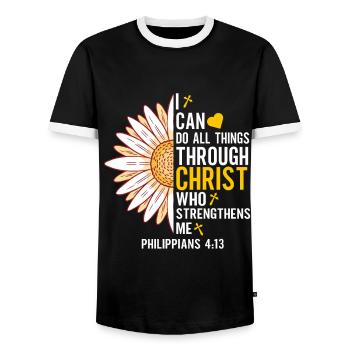 I Can Do All Things Through Christ Daisy Flower - Men's Ringer Shirt - black/white - Front - AI Model Female 172 light (172cm) & AI Model Male 178 light (178cm)