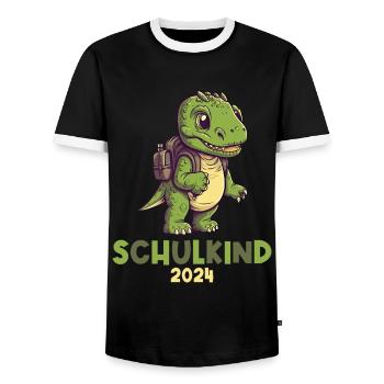 School Enrollment Dinosaur Dino TRex Schoolchild 2024 - Men's Ringer Shirt - black/white - Front - AI Model Female 172 light (172cm) & AI Model Male 178 light (178cm)