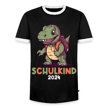 School Enrollment Dinosaur Dino TRex Schoolchild 2024 - Men's Ringer Shirt - black/white - Front - AI Model Female 172 light (172cm) & AI Model Male 178 light (178cm)