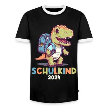 School Enrollment Dinosaur Dino TRex Schoolchild 2024 - Men's Ringer Shirt - black/white - Front - AI Model Female 172 light (172cm) & AI Model Male 178 light (178cm)
