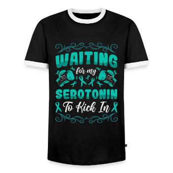 Teal Ribbon PTSD Stress Anxiety Disorder - Men's Ringer Shirt - black/white - Front - AI Model Female 172 light (172cm) & AI Model Male 178 light (178cm)