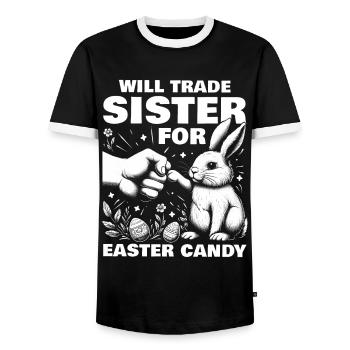 Will Trade Sister For Easter Candy - Men's Ringer Shirt - black/white - Front - AI Model Female 172 light (172cm) & AI Model Male 178 light (178cm)