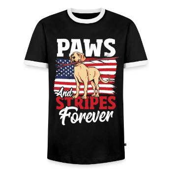 Black Lab Dog Holding July 4th Patriotic USA Flag - Men's Ringer Shirt - black/white - Front - AI Model Female 172 light (172cm) & AI Model Male 178 light (178cm)