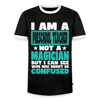 Preschool Teacher - Men's Ringer Shirt - black/white - Front - AI Model Female 172 light (172cm) & AI Model Male 178 light (178cm)