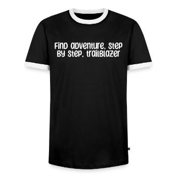 Hiking - Find adventure, step by step, - Men's Ringer Shirt - black/white - Front - AI Model Female 172 light (172cm) & AI Model Male 178 light (178cm)