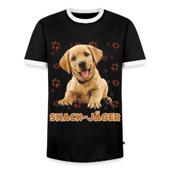 Labrador SNACK JÄGER Labrador Herrchen Lustiges - Männer Kontrast-T-Shirt - Schwarz/Weiß - Vorne - AI Model Female 172 light (172cm) & AI Model Male 178 light (178cm)