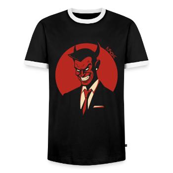 Satan Devil: A Logo of an Evil Corporation - Men's Ringer Shirt - black/white - Front - AI Model Female 172 light (172cm) & AI Model Male 178 light (178cm)