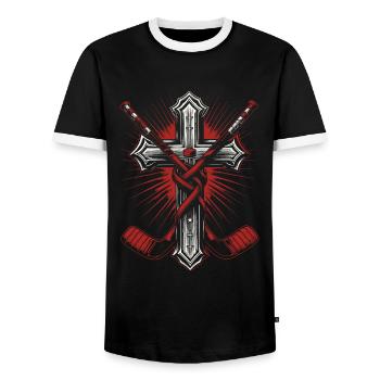 Ice Hockey Goalkeeper Christian Cross Hockey - Men's Ringer Shirt - black/white - Front - AI Model Female 172 light (172cm) & AI Model Male 178 light (178cm)