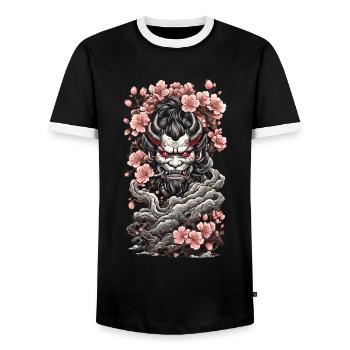 Cherry Blossom Yokai Oni Vintage Japan - Men's Ringer Shirt - black/white - Front - AI Model Female 172 light (172cm) & AI Model Male 178 light (178cm)