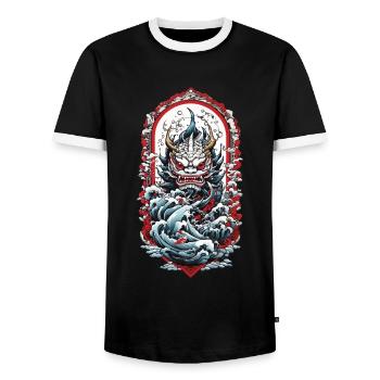 Sea Monster Aesthetics Yokai Japanese Demon - Men's Ringer Shirt - black/white - Front - AI Model Female 172 light (172cm) & AI Model Male 178 light (178cm)