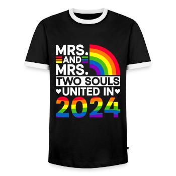 Mrs. und Mrs. 2024 Gay Pride Hochzeit Gay Ehe - Männer Kontrast-T-Shirt - Schwarz/Weiß - Vorne - AI Model Female 172 light (172cm) & AI Model Male 178 light (178cm)