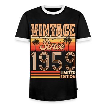 Birthday 1959. Vintage Born in 1959 Birthday - Men's Ringer Shirt - black/white - Front - AI Model Female 172 light (172cm) & AI Model Male 178 light (178cm)