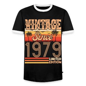 1979. Vintage Born in 1979 Birthday - Men's Ringer Shirt - black/white - Front - AI Model Female 172 light (172cm) & AI Model Male 178 light (178cm)