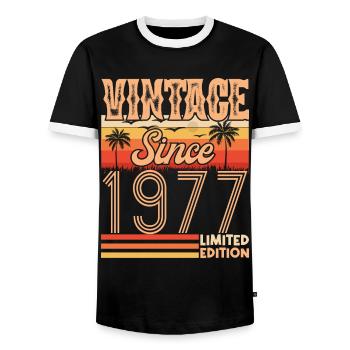 1977. Vintage Born in 1977 Birthday - Men's Ringer Shirt - black/white - Front - AI Model Female 172 light (172cm) & AI Model Male 178 light (178cm)