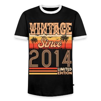 2014 anniversary. Vintage Born in 2014 Birthday - Men's Ringer Shirt - black/white - Front - AI Model Female 172 light (172cm) & AI Model Male 178 light (178cm)