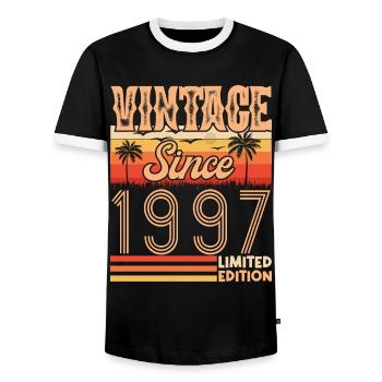 Jubiläum 1997. Jahrgang Jahrgang 1997 Geburtstag - Männer Kontrast-T-Shirt - Schwarz/Weiß - Vorne - AI Model Female 172 light (172cm) & AI Model Male 178 light (178cm)