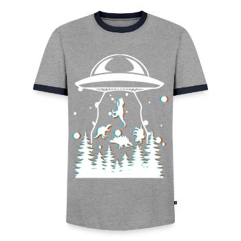 Alien Dinosaur UFO Abduction - Men's Ringer Shirt - grey/navy  - Front - AI Model Female 172 light (172cm) & AI Model Male 178 light (178cm)
