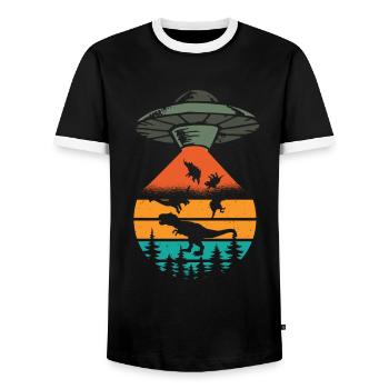 Alien Dinosaur UFO Abduction - Men's Ringer Shirt - black/white - Front - AI Model Female 172 light (172cm) & AI Model Male 178 light (178cm)