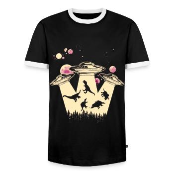 Enlèvement d’OVNI par un dinosaure extraterrestre - T-shirt contrasté Homme - noir/blanc - Devant - AI Model Female 172 light (172cm) & AI Model Male 178 light (178cm)