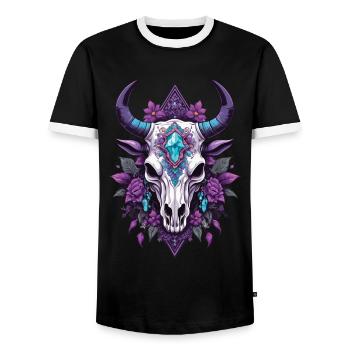 Bull Skull Spiritual Mandala Feathers Design - Men's Ringer Shirt - black/white - Front - AI Model Female 172 light (172cm) & AI Model Male 178 light (178cm)