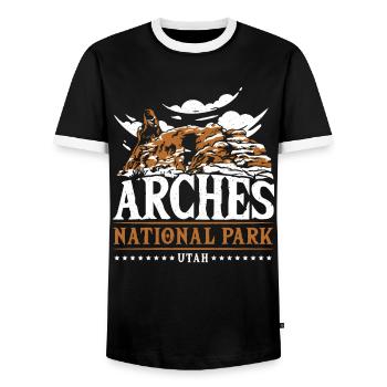 Arch Wilderness Hiking Arches National Park Funny - Men's Ringer Shirt - black/white - Front - AI Model Female 172 light (172cm) & AI Model Male 178 light (178cm)
