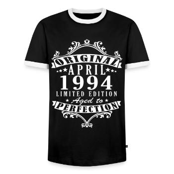 30th Birthday April 1994 - Men's Ringer Shirt - black/white - Front - AI Model Female 172 light (172cm) & AI Model Male 178 light (178cm)